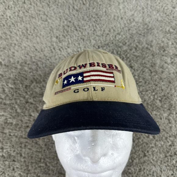 Vintage Budweiser Hat Cap Strap Back One Size Khaki Navy Golf Patriotic Mens 00s - Picture 2 of 10